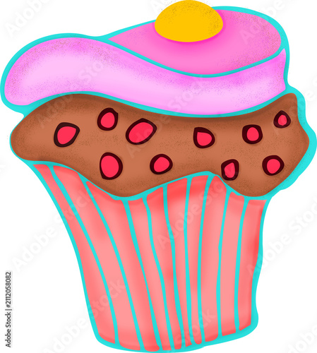 Cute Hand Drawn Cupcake on White Background – Colorful Dessert Illustration