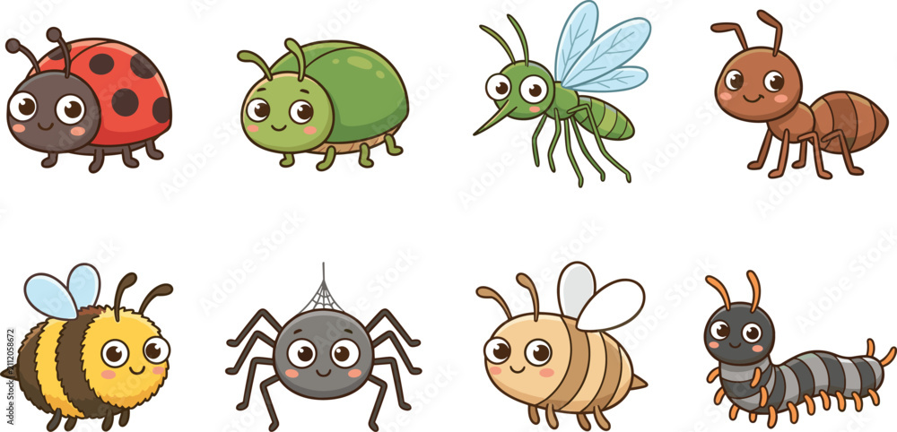 Fototapeta premium Kawaii Bug Characters Clipart Collection Featuring Cute Big Eyed Ladybug Green Leaf Beetle Mosquito Ant Bumblebee Spider Honey Bee and Centipede