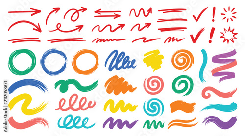 Set of colorful hand drawn highlighter elements and underline strokes featuring circles and arrows for design decoration in sketchy doodle style on white background.