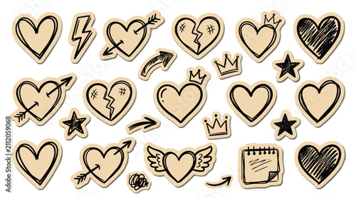 Set of cute doodle hearts stars crowns and arrows hand drawn sketch style isolated on white background romantic decorative elements for cards planner stickers.