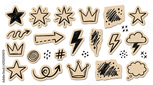 Set of cute doodle hand drawn elements for scrapbooking stickers stars crowns lightning bolts clouds arrows and textures isolated on white background flat vector.