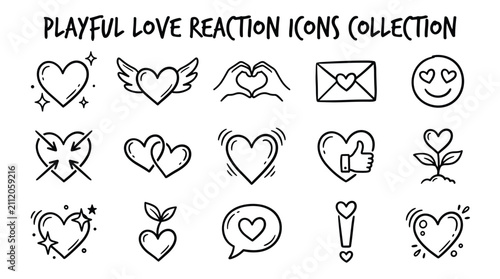 Set of cute hand drawn love reaction icons doodle elements collection isolated on white background for social media posts and graphic design projects decoration.