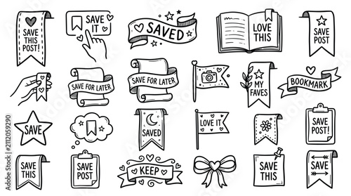 Set of cute hand drawn social media highlight cover elements including ribbons bookmarks book clips and frames for personal creative project decoration design.