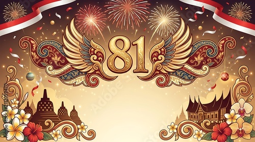 Festive Indonesian Independence Day Background with Golden Number 81, Fireworks, and Traditional Culture Elements