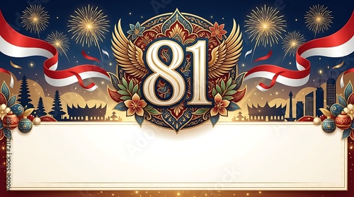 Elegant 81st Anniversary Celebration Banner with Ornate Decorations and Indonesian National Flag Inspired Ribbon Design