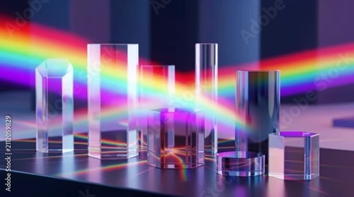 Geometric Crystal Glass Prisms Reflecting Vibrant Colors on Dark Surface Abstract Luxury Light Concept