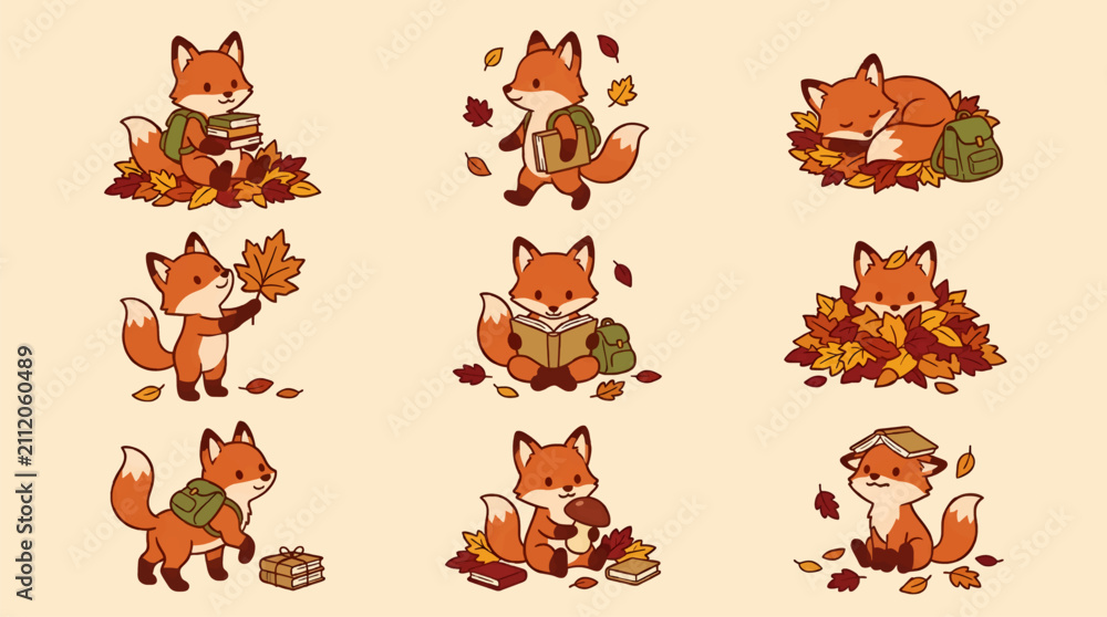 Fototapeta premium Cute Cartoon Fox Cub Vector Illustration Set with Backpack and Books, Playing and Resting in Autumn Leaves, Adorable Woodland Animal Character Design