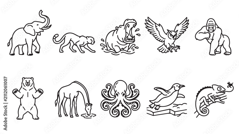 Fototapeta premium Minimalist wild animal line art icons, set of 10 vector wildlife illustrations, black and white zoo animal silhouettes for educational coloring