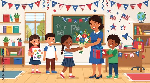 Children giving bouquet of flowers and gift box to teacher in decorated classroom on Teachers Day