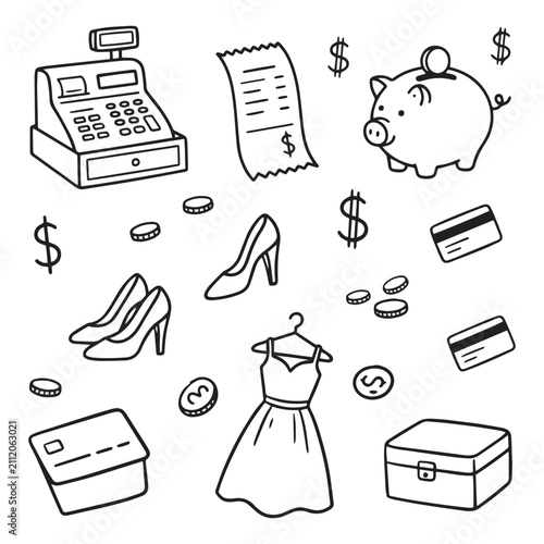 Hand-drawn doodle set of fashion shopping and retail payment icons isolated on a white background