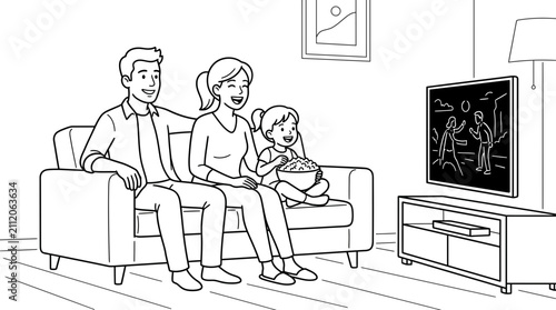 Happy family sitting on the sofa watching television together.