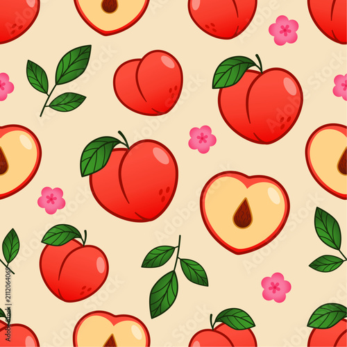 Peach Fruit Botanical Seamless Pattern Background