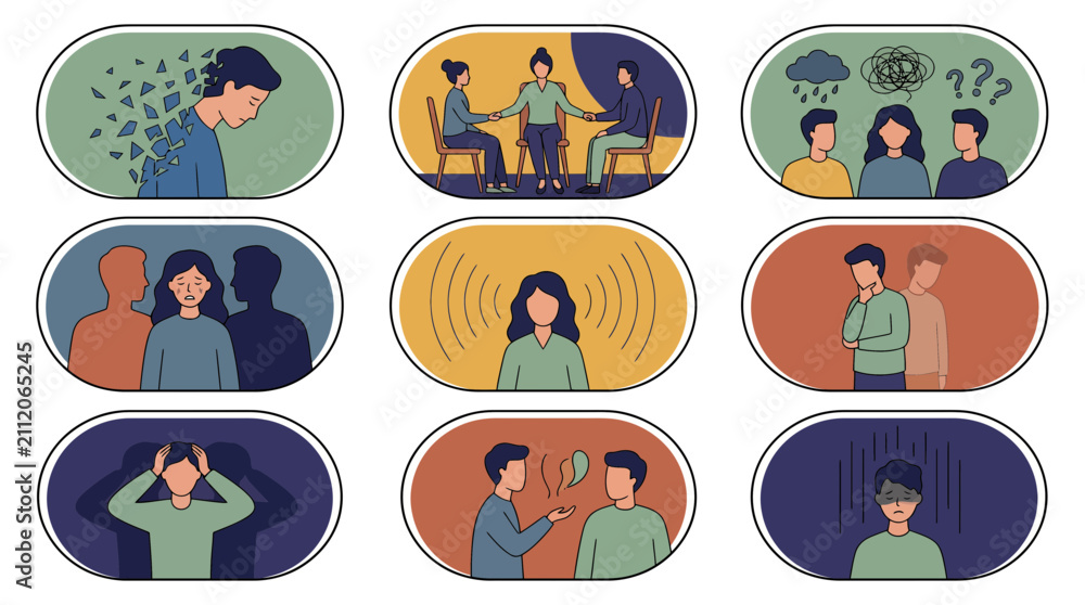 Fototapeta premium Vector illustration set depicting various people suffering from depression and mental disorders, illustrating psychological therapy support and emotional healthcare awareness