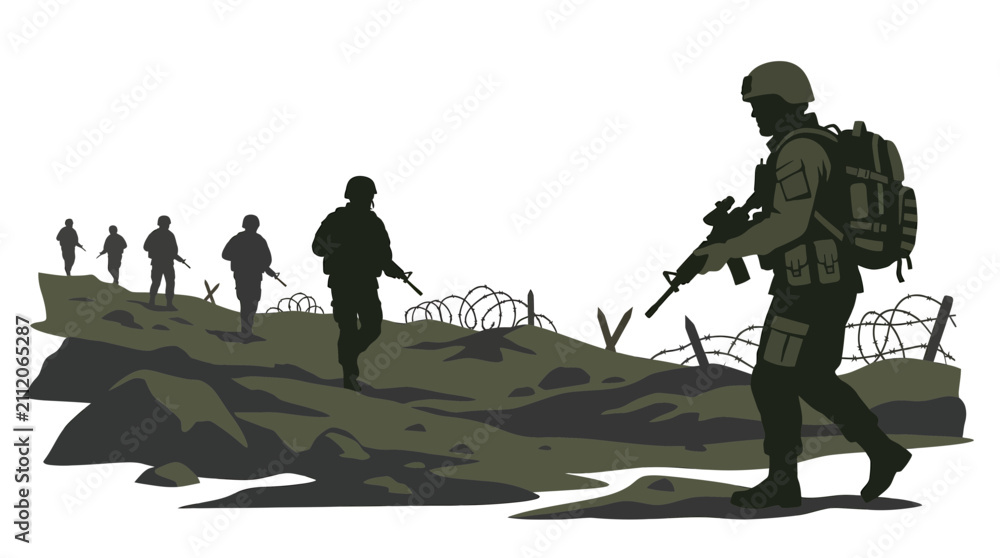 Obraz premium silhouettes of armed military soldiers marching through a battlefield with barbed wire fences, illustrating tactical army combat missions and representing defense force operation concepts
