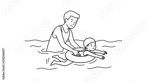 A father teaching his small child to swim in the pool.