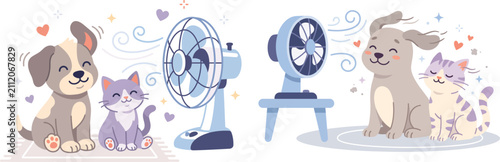 Pets enjoying electric cooling fan on a hot summer day with electric, domestic