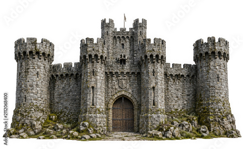 Medieval stone castle gatehouse with towers and wooden gate isolated on transparent background