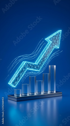 Glowing Wireframe Arrow Surging Over Glass Bar Chart Illustrating Financial Growth and Data Trajectory