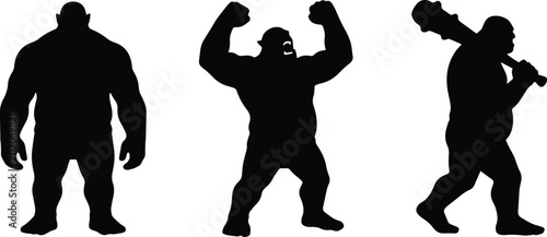 Set of fantasy black vector icons featuring standing giant cheering giant and giant with club isolated on white background