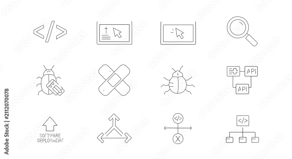 Fototapeta premium Modern line art icon collection depicting software development, coding, debugging, and system architecture processes