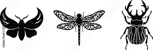 Set of fantasy black vector icons featuring horned moth ornate dragonfly and stag beetle isolated on white background
