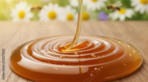 Thick Golden Honey Pouring and Swirling in Slow Motion Macro Food Background