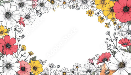 Vibrant Vector Floral Illustration: Pink, White, and Yellow Daisies with Sketchy Lines
