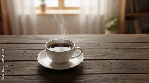 Steaming Hot Black Coffee in White Ceramic Cup and Saucer Cozy Morning Beverage