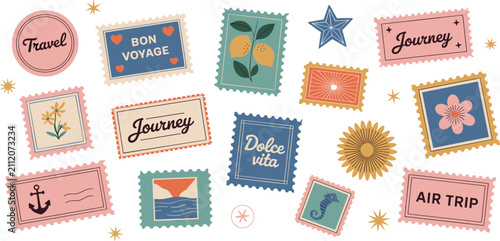 Foto Set of travel stamps featuring retro aesthetic designs including tropical elemen