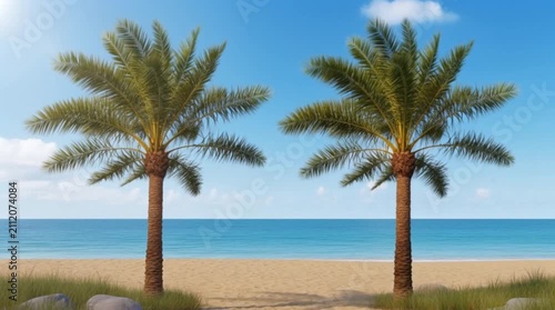 Two Tall Palm Trees with Textured Trunks Swaying in Tropical Nature Landscape 4K