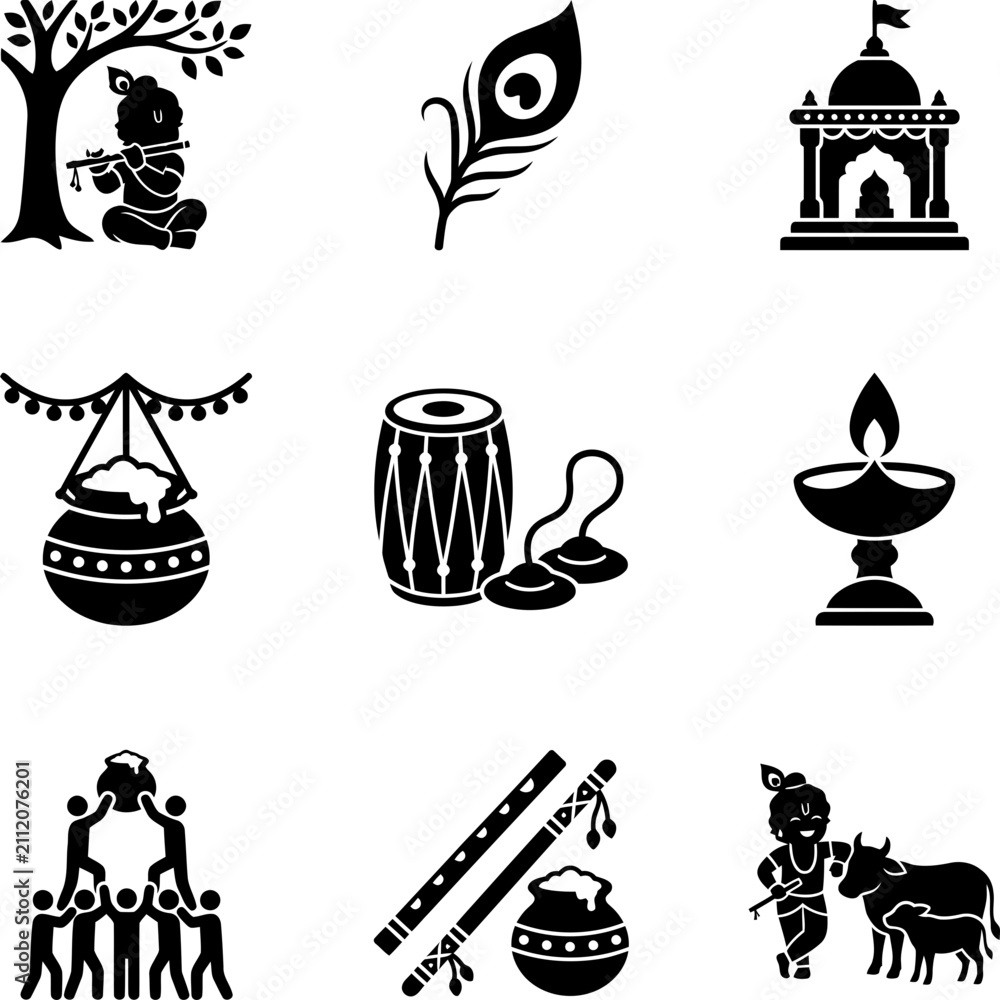 Naklejka premium Set of Krishna Janmashtami festival icons in flat black silhouette style.
