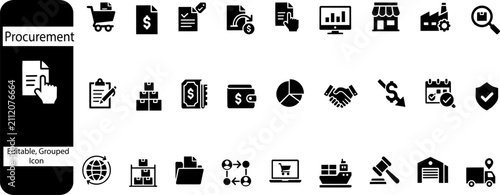 Procurement icon set in flat black style, supply chain management and logistics symbols, business purchasing and commerce vector icons