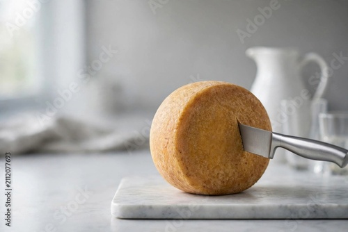 Round Cheese Being Sliced on Marble Board