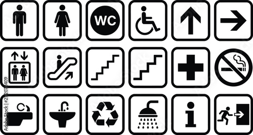 Set of black and white public information and navigation icons for building signage in vector format