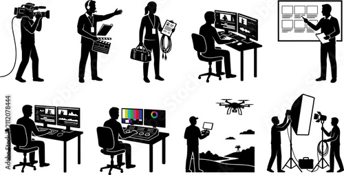 Film production crew and video editing workflow silhouettes
