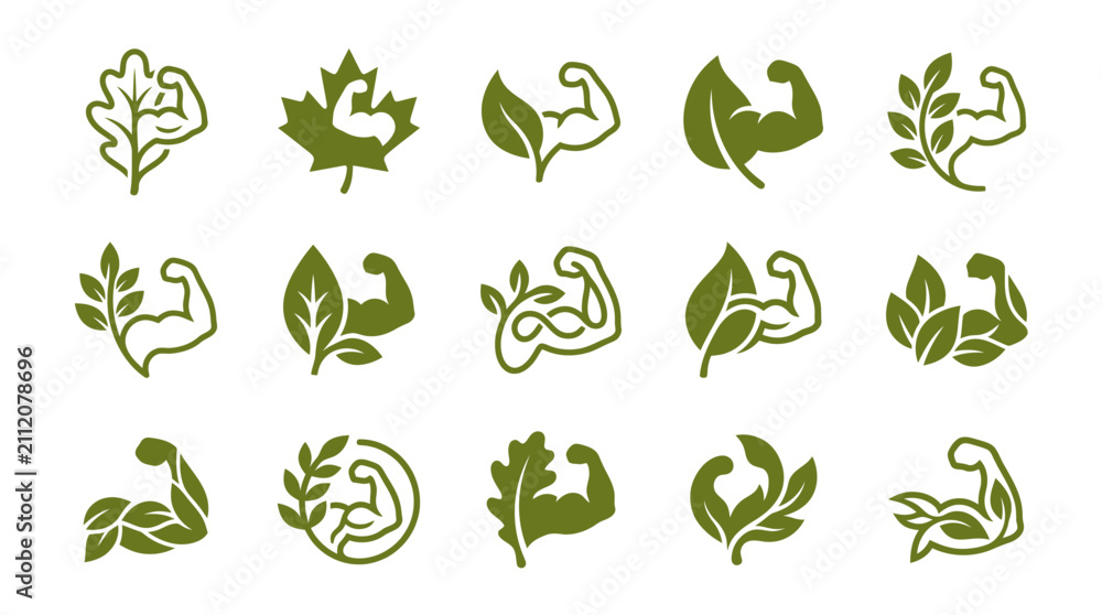 Fototapeta premium Green Leaf and Muscle Icon Set.