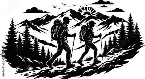Fotografie Hikers trekking mountains at sunrise black and white illustration
