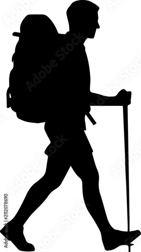 Black silhouette of a male backpacker walking with a large pack and trekking pole isolated on a white background