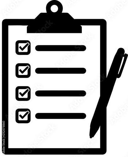Black and White Vector Icon of a Checklist Clipboard with a Pen and Checked Boxes for Business and Organization