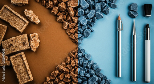 Abstract juxtaposition of earthy brown chocolate sweets and modern blue art supplies on a split background