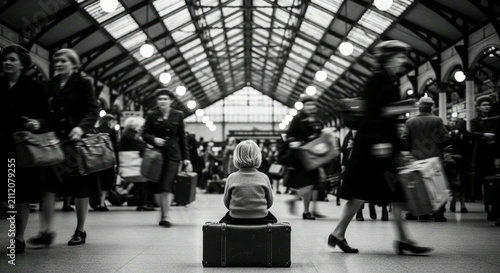 A lone child sitting on a vintage suitcase in a busy railway station surrounded by blurred commuters
