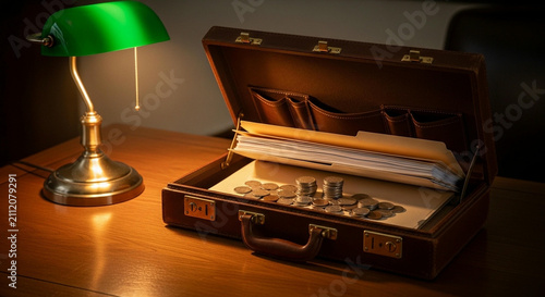An open leather briefcase filled with stacked coins and folders sits on a wooden desk next to a glowing green banker lamp