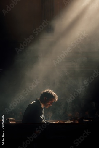 Man with curly hair, dressed in formal attire, is seated at a desk, deeply focused on reading documents, illuminated by soft light beams in a dramatic atmosphere