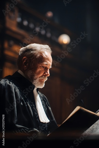 Judge reading amnesty law document in chamber, focused expression, heavy atmosphere, soft lighting creating a noise-free ultra-realistic scene of legal deliberation