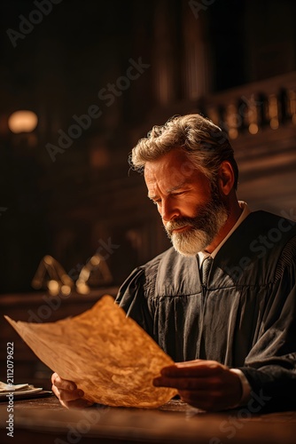 Judge with focused expression reading amnesty law document in chamber, illuminated by soft light, surrounded by heavy atmosphere and historical decor, conveying serious legal contemplation