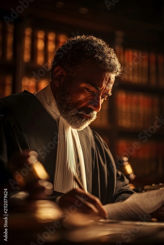 Judge in formal attire, deeply focused on reading amnesty law document in chamber, surrounded by law books, creating a heavy and contemplative atmosphere of justice and reflection