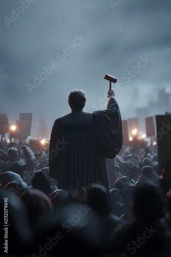 Judge in black robe holding gavel aloft stands before crowd of protesters, symbolizing justice and authority in a powerful judicial statement amidst a charged atmosphere
