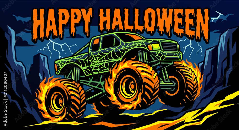Obraz premium Happy Halloween Monster Truck Illustration with Flaming Wheels