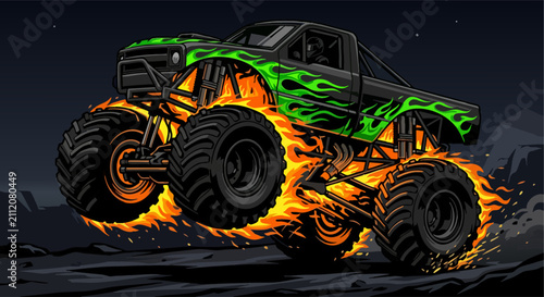 Monster truck jumping with green and orange flames illustration