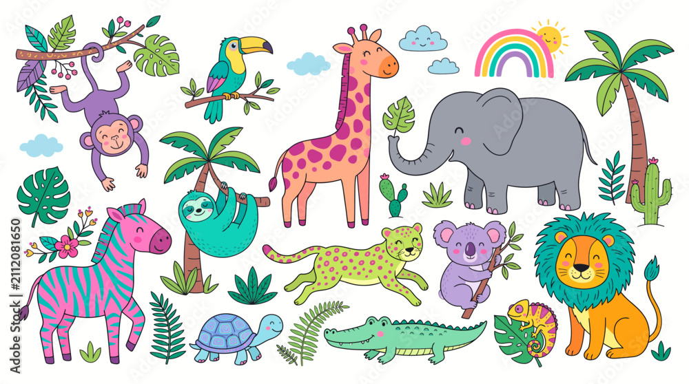 Fototapeta premium Cute cartoon wild jungle safari animals set with giraffe elephant lion zebra monkey sloth and tropical foliage, illustrating nursery room decor and children educational graphic design